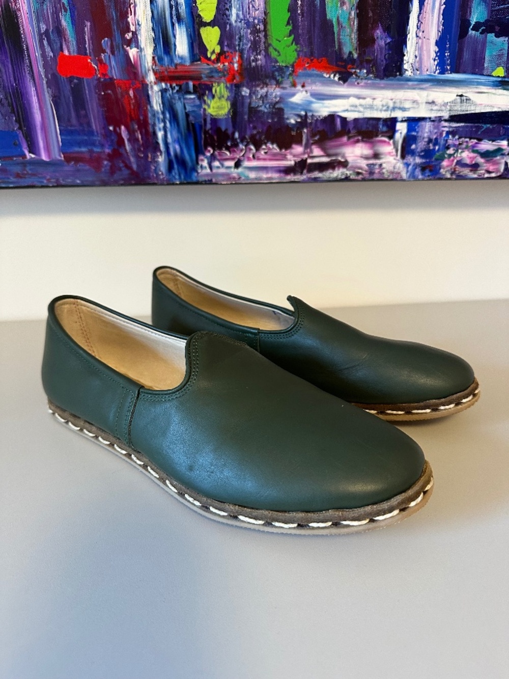 Sabah Denali Green Leather Handmade Turkish Slip On Loafers | Size 41